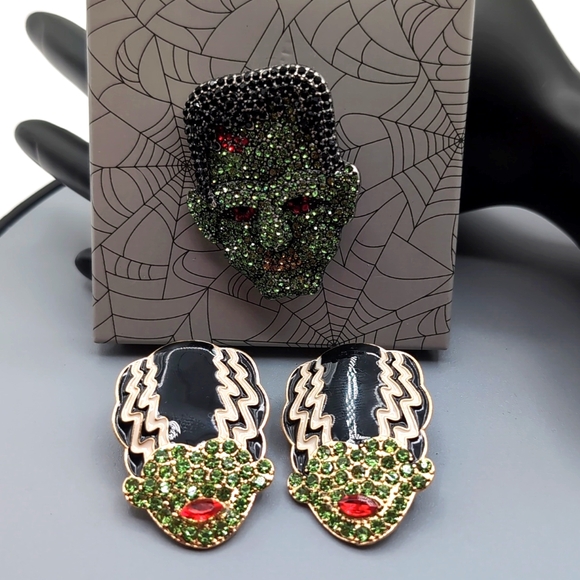 NWOT Bride of Frankenstein Earrings With Frankenstein Brooch Metallic Bejeweled - Picture 3 of 13